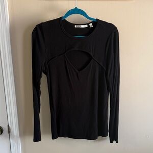 Cyrus Black Ribbed Long-Sleeve Top with Front Cutout - Large